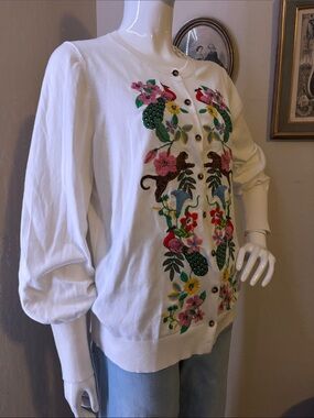 Boden White Cardigan with Colorful Floral & Animal Embroidery